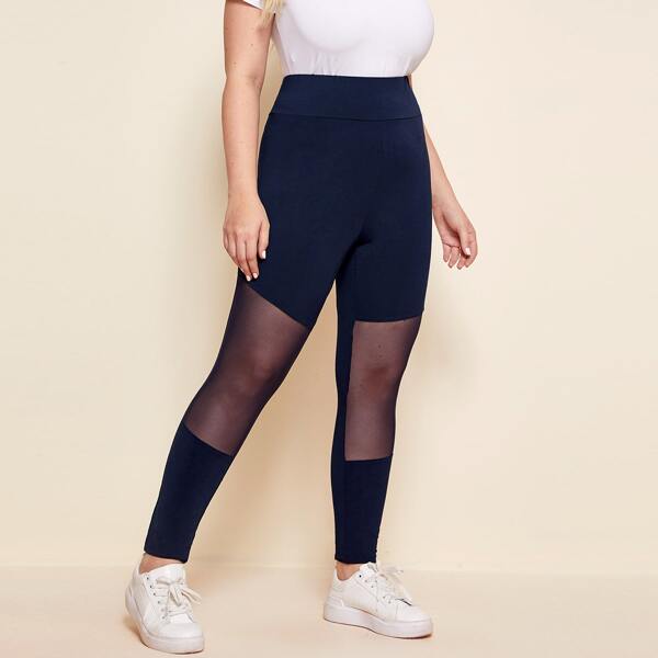 

Plus Wide Waistband Mesh Insert Leggings, Navy blue