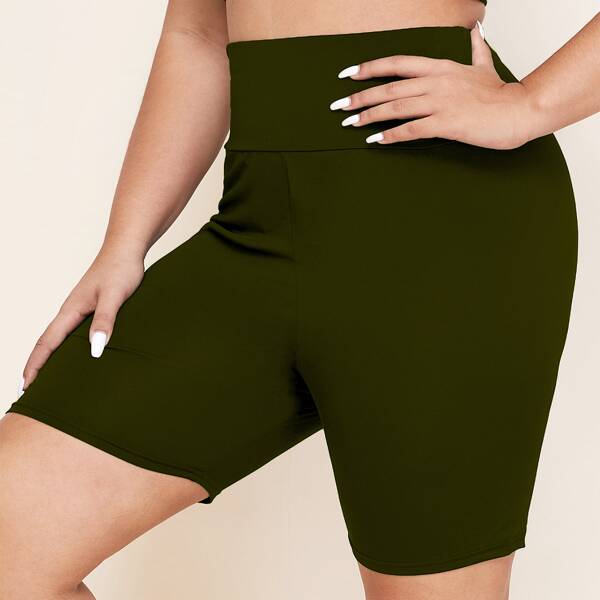 

Plus Solid Wide Waistband Biker Shorts, Dark green