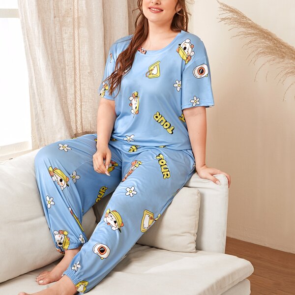 

Plus Cartoon & Letter Graphic Pajama Set, Blue