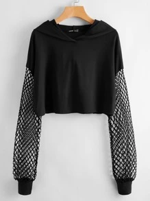 SHEIN Unity Fishnet Sleeve Crop Hoodie - Black - View 1