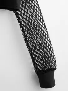 SHEIN Unity Fishnet Sleeve Crop Hoodie - Black - View 3