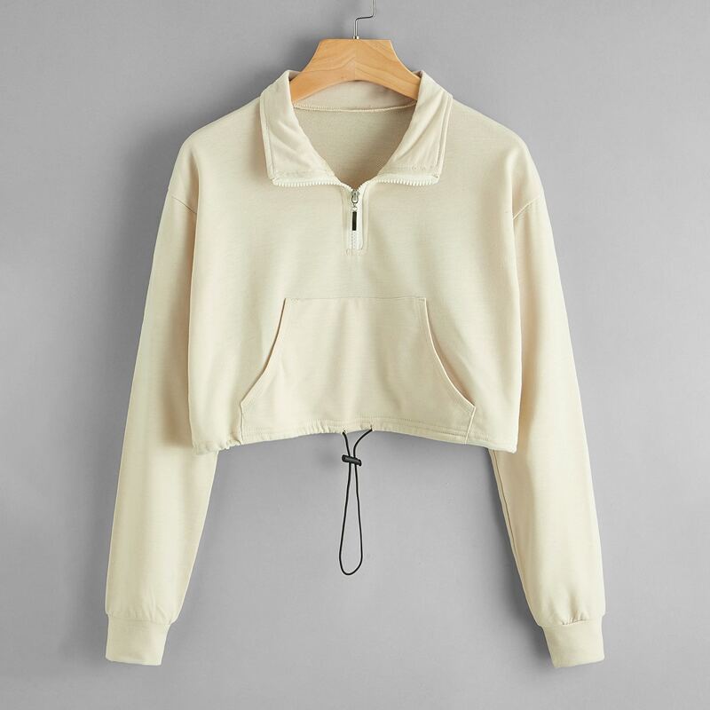 

Solid Half Zip Crop Sweatshirt, Beige