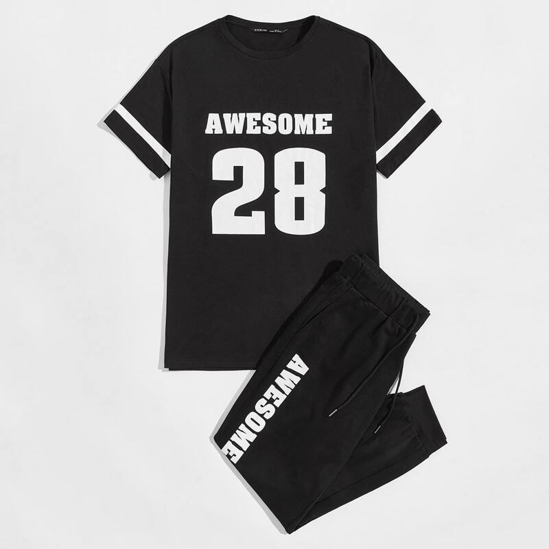 

Guys Letter Graphic Top & Sweatpants Set, Black
