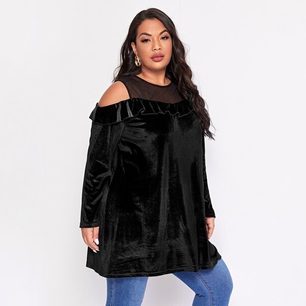 

Plus Cold Shoulder Contrast Mesh Ruffle Velvet Tee, Black