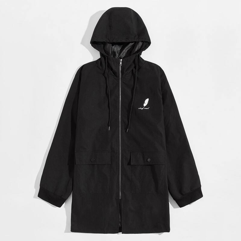 

Guys Zip Up Letter Graphic Flap Pocket Front Hooded Coat, Black