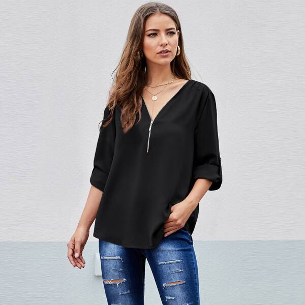 

Half Zipper Roll Up Sleeve Blouse, Black