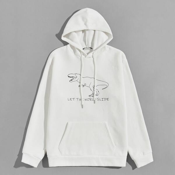

Men Slogan and Dinosaur Print Hoodie, White