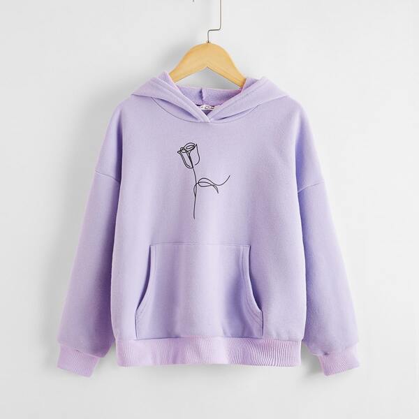 

Girls Floral Print Drop Shoulder Hoodie, Lilac purple