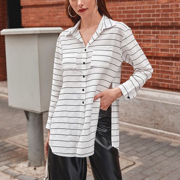 

Striped Split Side Pockets Patched Blouse, White