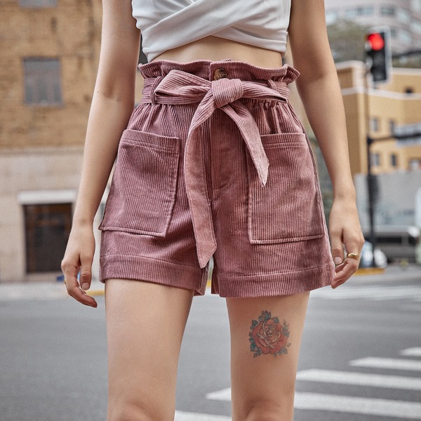 

Paperbag Waist Self Belted Cord Shorts, Dusty pink