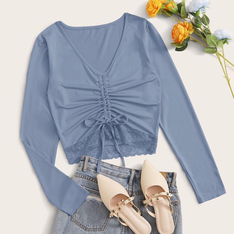 

Solid Lace Trim Drawstring Tee, Dusty blue