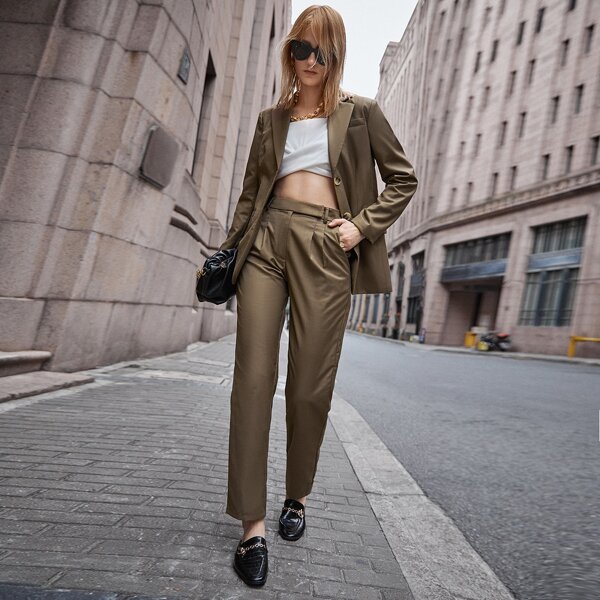 

Fold Pleated Front Slant Pocket Tailored Pants, Mocha brown