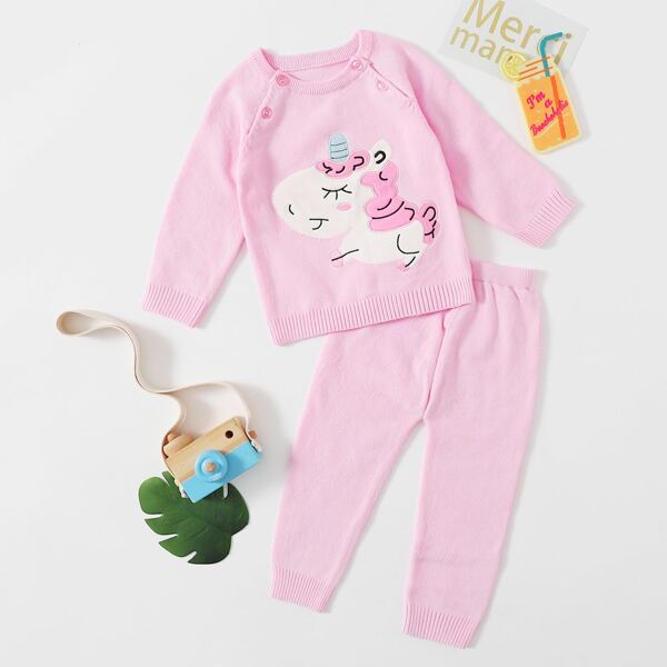 

Baby Girl Unicorn Pattern Raglan Sleeve Sweater & Knit Pants, Baby pink