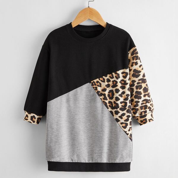 

Toddler Girls Contrast Leopard Panel Sweatshirt Dress, Multicolor