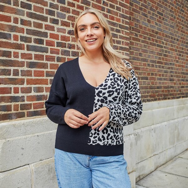 

Plus Leopard Panel Drop Shoulder Sweater, Multicolor