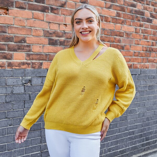 

Plus Cut Out Detail Ripped Sweater, Mustard yellow