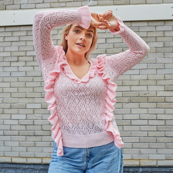 

Plus Pointelle Knit Pearls Beaded Ruffle Trim Sweater, Baby pink