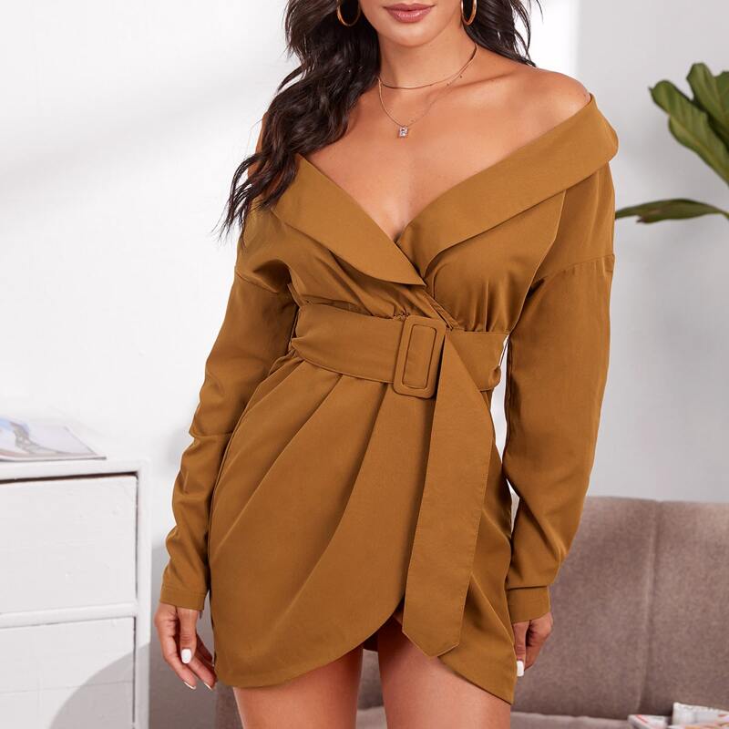 

Belted Foldover Off-the-Shoulder Wrap Dress, Brown