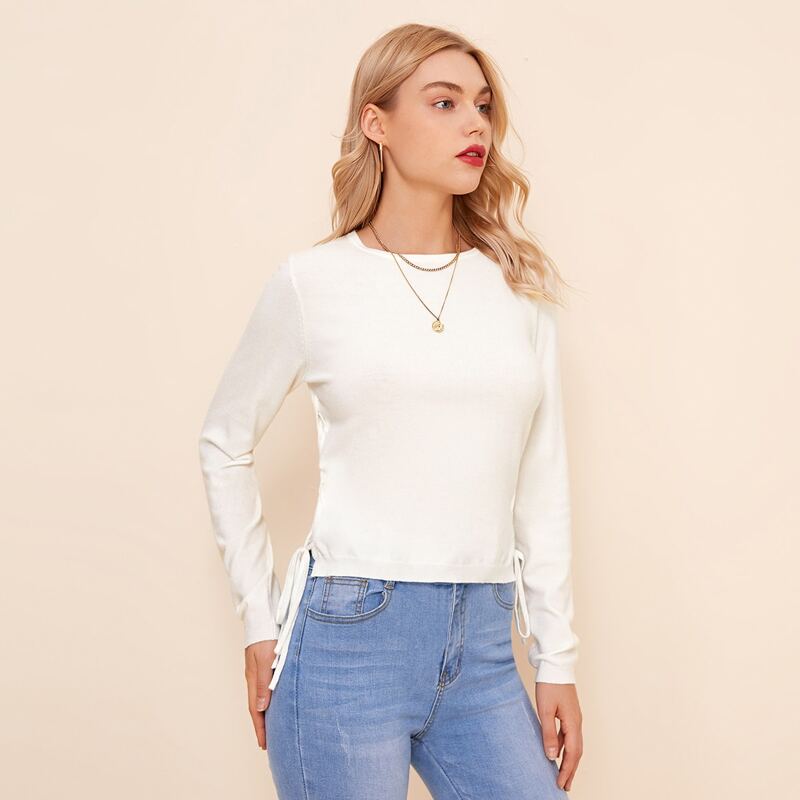 

Lace Up Side Solid Sweater, White