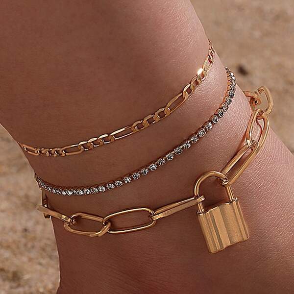 

3pcs Rhinestone Lock Decor Chain Anklet, Gold