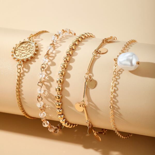 

5pcs Faux Pearl Decor Bracelet, Gold
