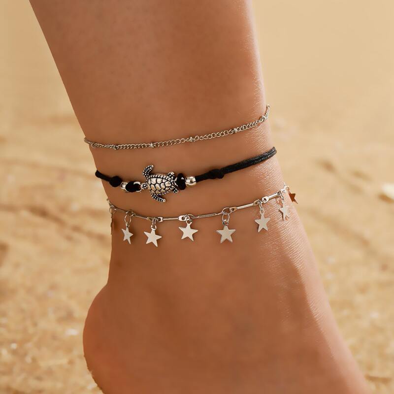 

3pcs Star Charm Anklet, Silver