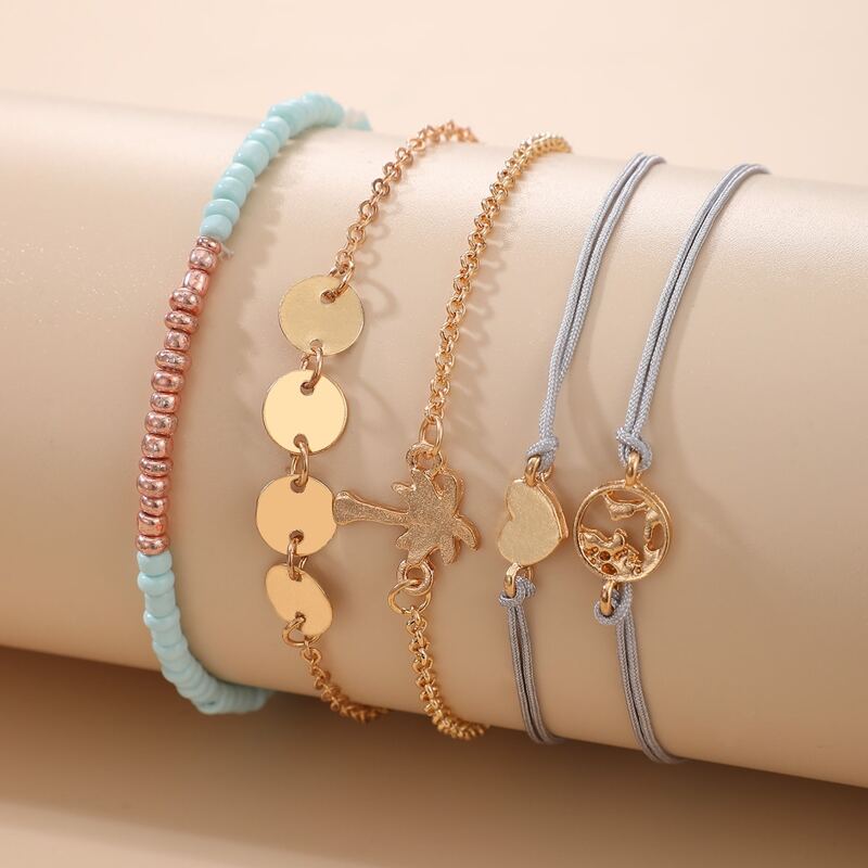 

5pcs Disc & Heart Decor Bracelet, Multicolor