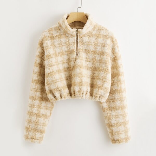 

Plaid Zipper Front Crop Teddy Sweatshirt, Apricot