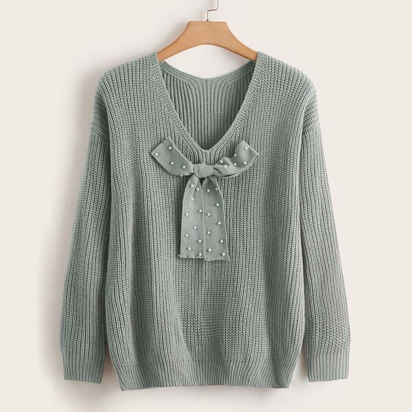 

Plus Pearls Beaded Bow Front Ribbed Knit Sweater, Grey