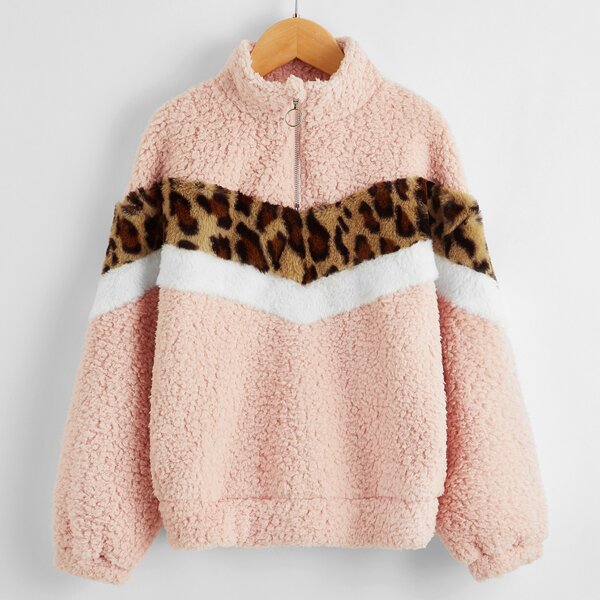

Girls Leopard Chevron Pattern Half Placket Teddy Pullover, Dusty pink