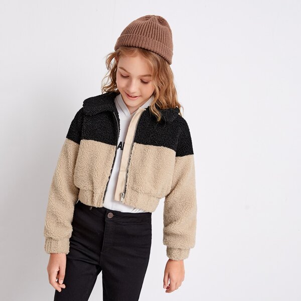 

Girls Two Tone Zipper Placket Teddy Jacket, Multicolor