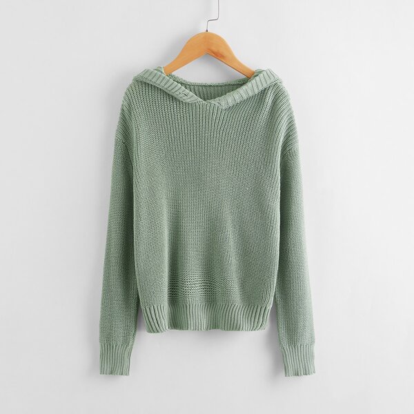 

Girls Drop Shoulder Ribbed Knit Hooded Sweater, Mint green