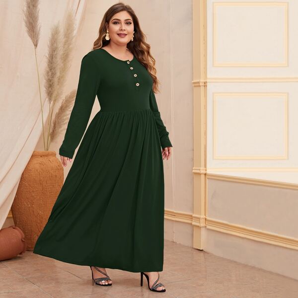 

Plus Solid Button Front Dress, Dark green