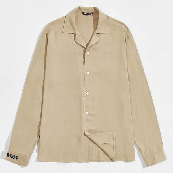 

Men Revere Collar Patched Detail Shirt, Khaki