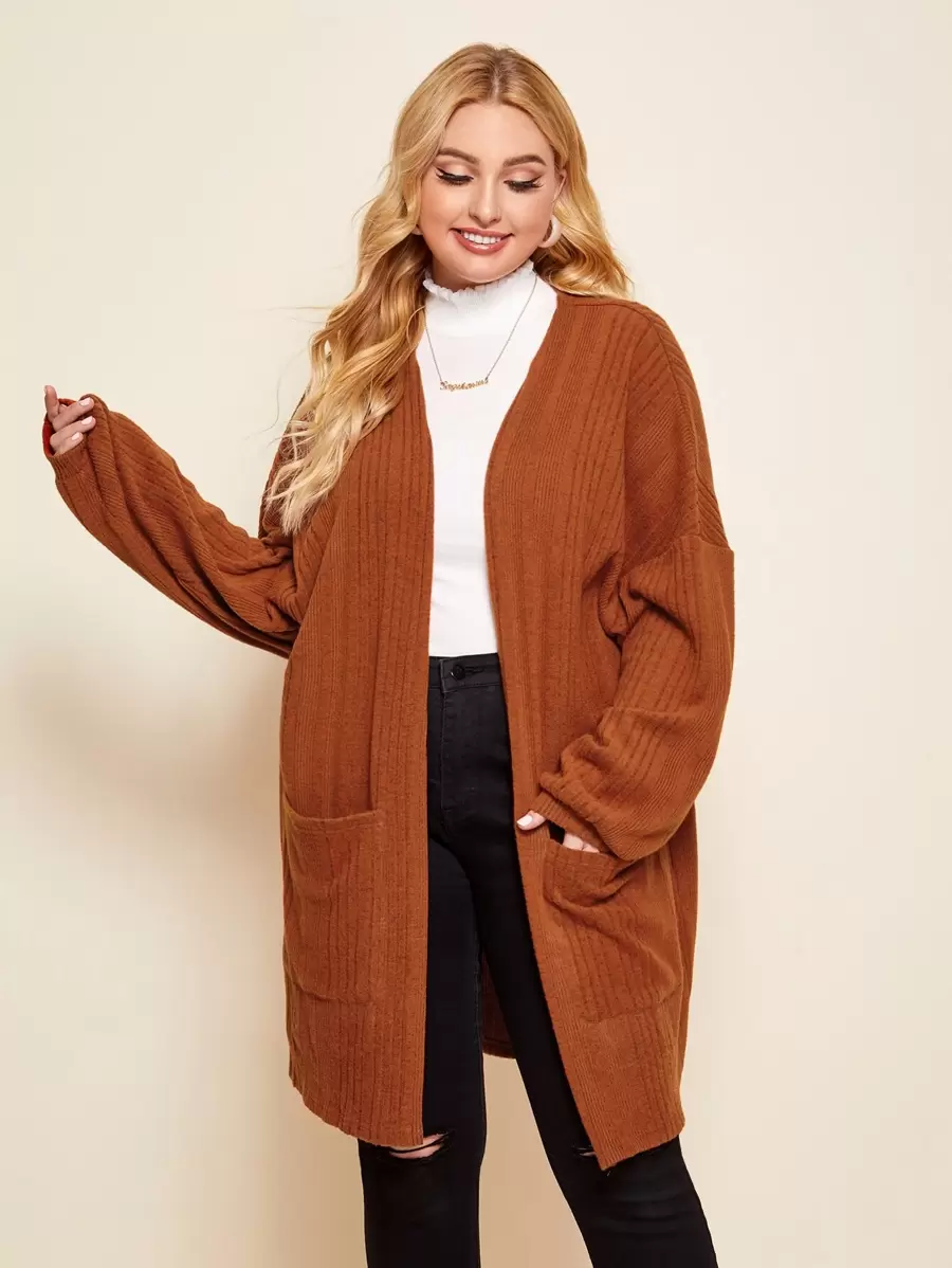 SHEIN LUNE Plus Pocket Front Drop Shoulder Coat Winter Fall Autumn - Burnt Orange - View 1