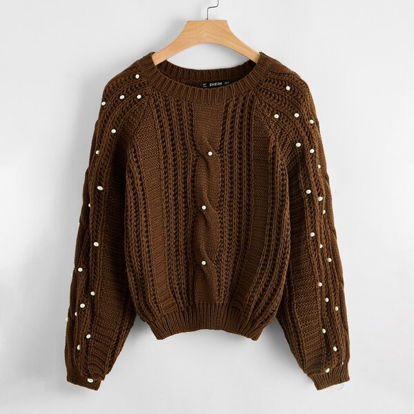 

Pearls Beaded Raglan Sleeve Sweater, Chocolate brown
