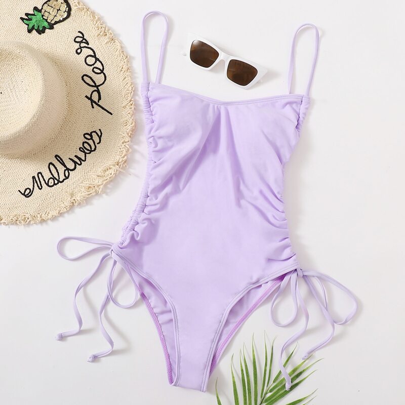 

Drawstring Tie Side One Piece Swimsuit, Pastel lilac purple