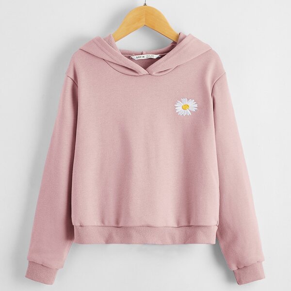 

Girls Daisy Embroidered Hoodie, Baby pink
