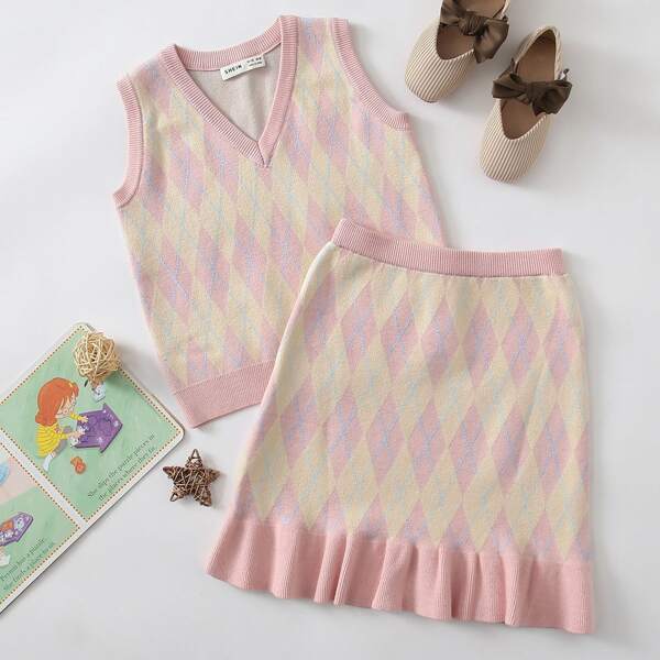 

Girls Argyle Knit Top & Ruffle Hem Skirt Set, Multicolor