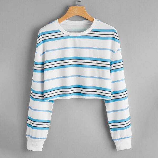 

Striped Print Crop Drop Shoulder Sweatshirt, White