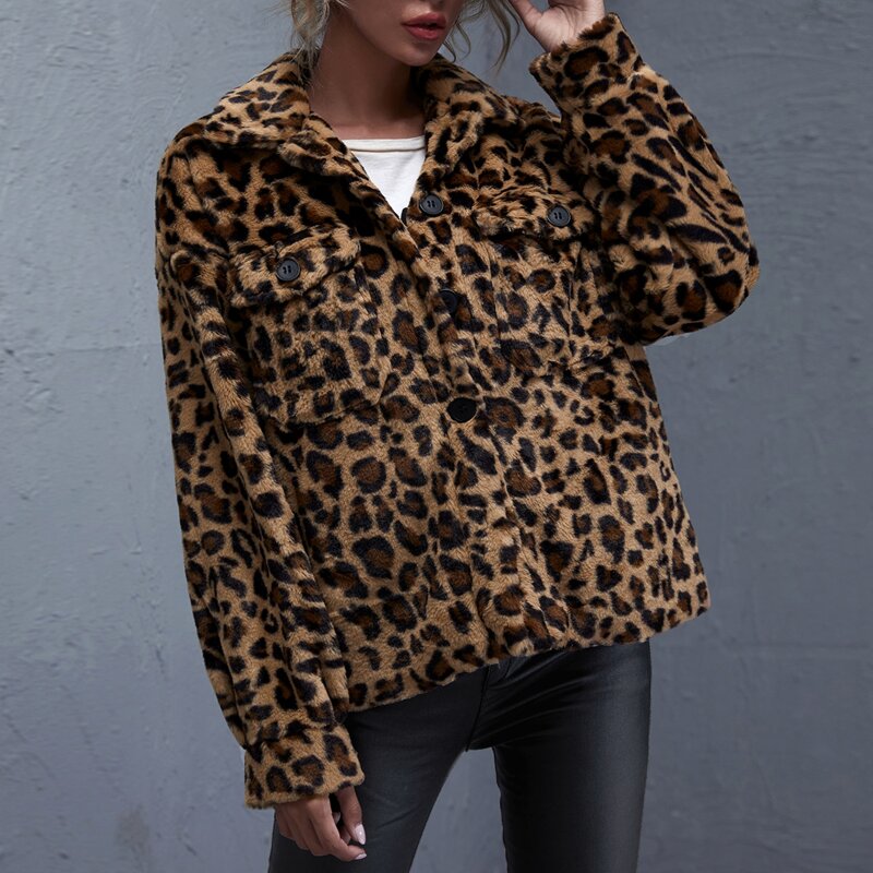 

Leopard Drop Shoulder Buttoned Coat, Brown