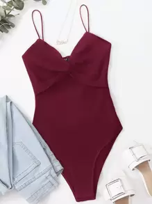 Muchica Ribbed Twist-Front Cami Bodysuit - Maroon - View 1