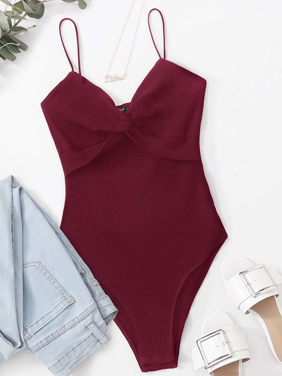Muchica Ribbed Twist-Front Cami Bodysuit - Maroon - View 1
