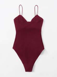 Muchica Ribbed Twist-Front Cami Bodysuit - Maroon - View 2