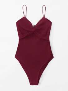 Muchica Ribbed Twist-Front Cami Bodysuit - Maroon - View 3