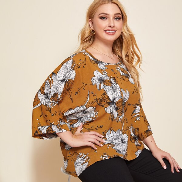 

Plus Bell Sleeve Floral Print Top, Mustard yellow