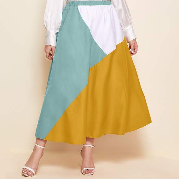 

Plus Elastic Waist Colorblock Skirt, Multicolor