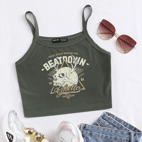 

Skull & Letter Graphic Ribbed Cami Top, Dark grey