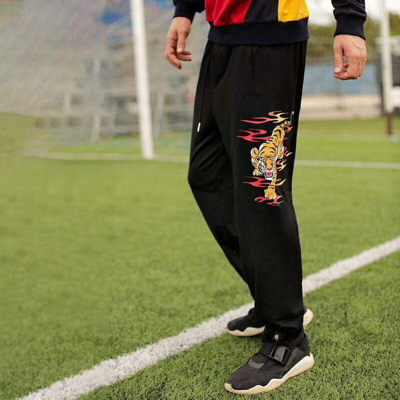 

Guys Drawstring Waist Slant Pocket Tiger Print Joggers, Black