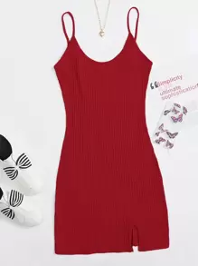 SHEIN Qutie Ribbed Split Bodycon Cami Dress - Red - View 1